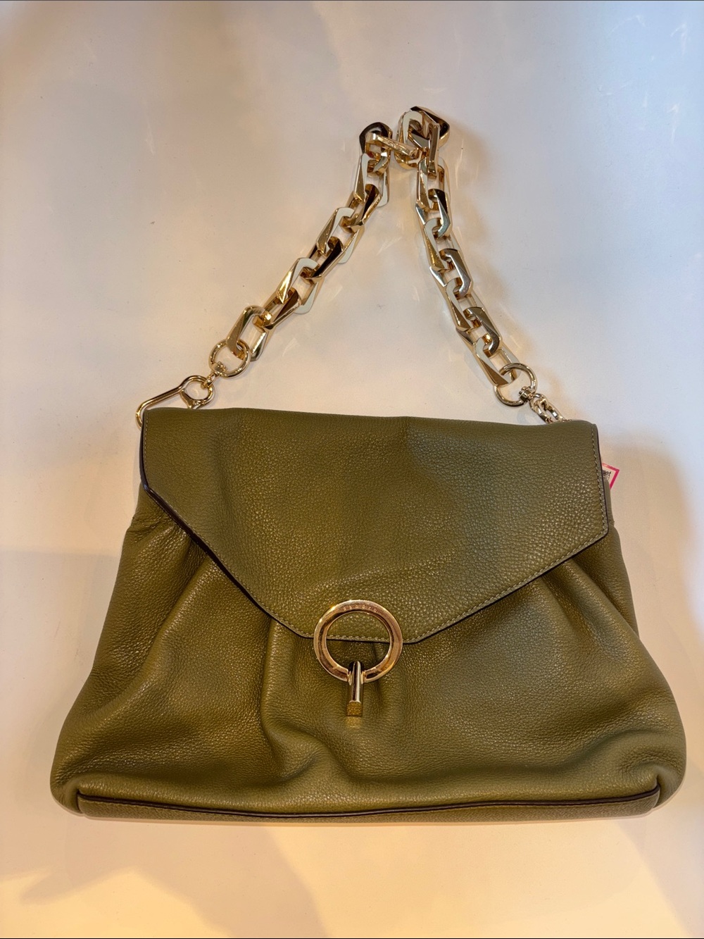 Sandro Olive Green Leather Shoulder Bag with Gold Chain